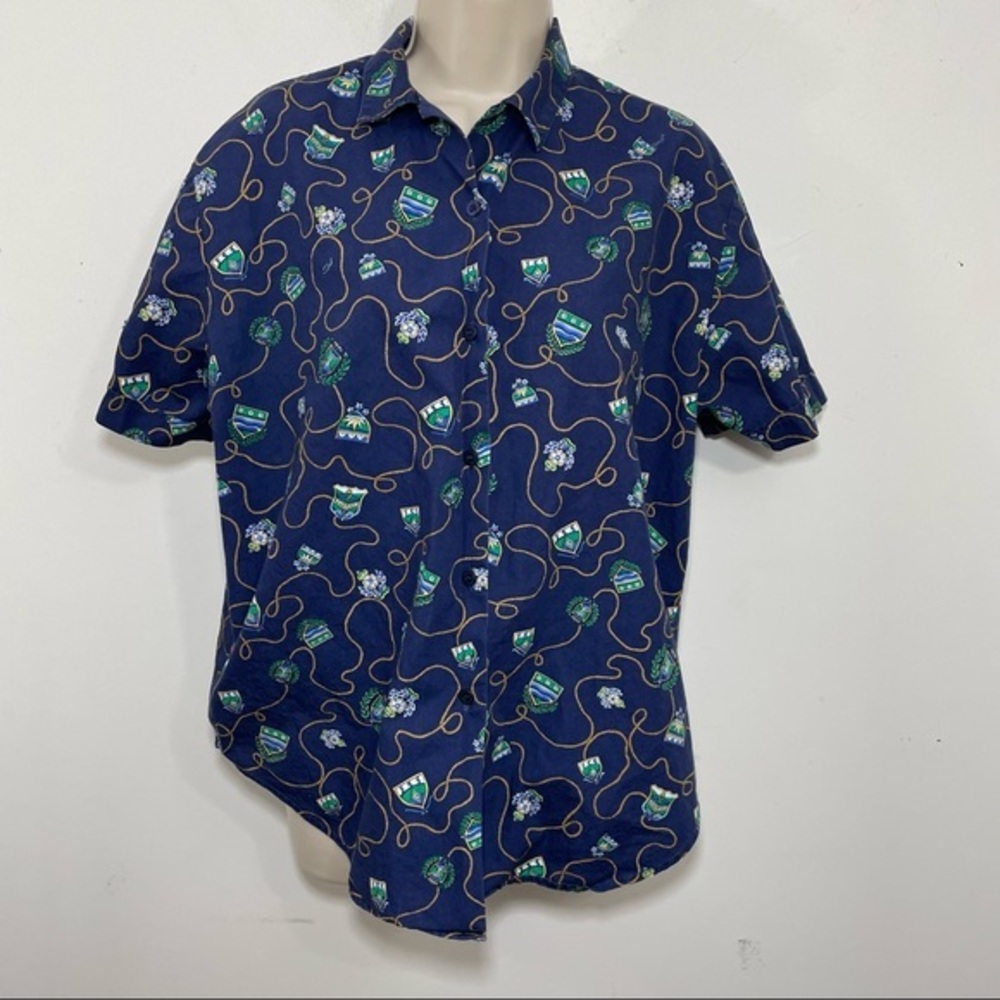 Rare Vtg 80s Jantzen Blue Crest Flag Floral Hawaii Shirt USA Medium M 1980s